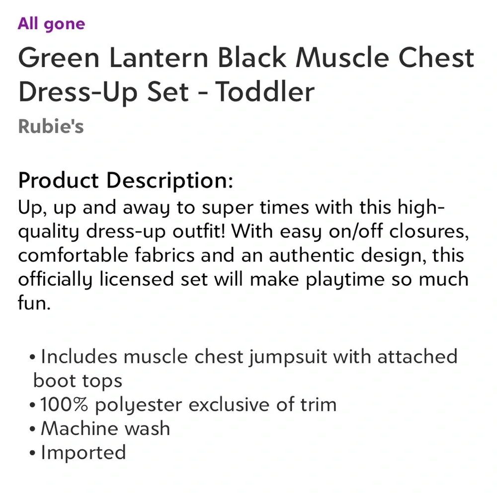 Rubie’s Green Lantern Black Muscle Chest Dress Up Set Costume Size Toddler 2T